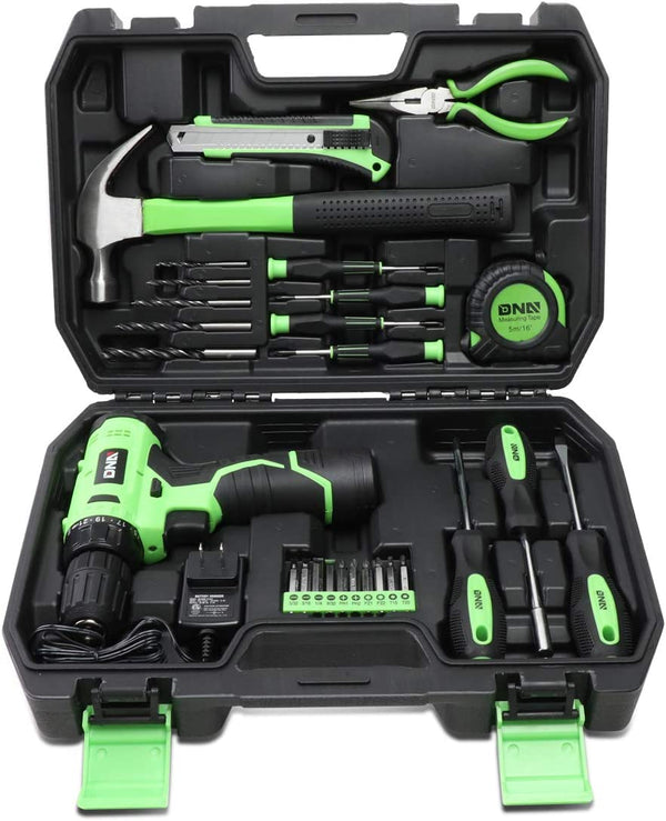 Green 27 PCs 12V Cordless Power Drill Driver Bit Set w/Charger+Screwdrivers+Pliers Home Repair Kit, mint green