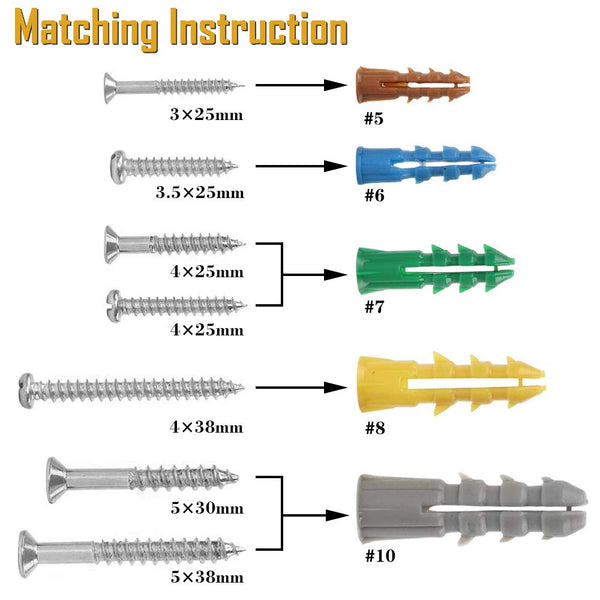 HongWay 370pcs Plastic Drywall Wall Anchors Kit with Screws, Includes 5 Different Assorted Size Anchors and Screws