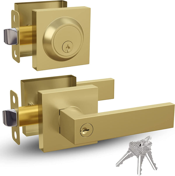 Mega Handles Entry Combo I Entry Lever Door Handle and Single Cylinder Deadbolt Lock and Key Combo Pack