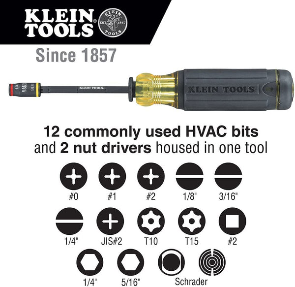 Klein Tools 32304 Screwdriver, 14-in-1 Adjustable Screwdriver with Flip Socket, HVAC Nut Drivers and Bits, Impact Rated