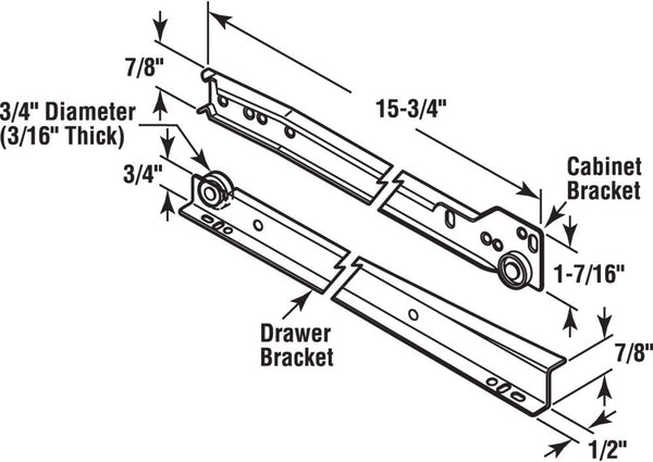 Prime-Line R 7210 Drawer Slide Kit – Replace Drawer Track Hardware – Self-Closing Design –Fits Most Bottom/ Side-Mounted Drawer Systems –15-3/4” Steel Tracks