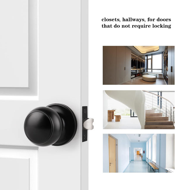 Probrico Passage Door Knobs Lock for Hall or Closet Black Flat Ball Interior Door Handles, Black Door Knobs Interior 10 Pack