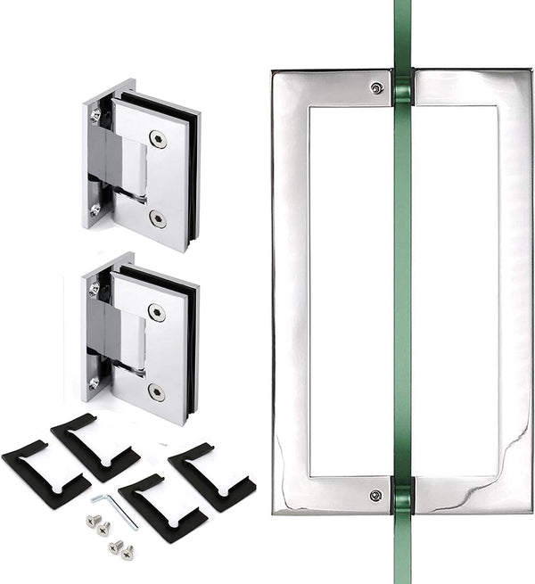 Chromed 90 Degree Geneva Wall to Glass Shower Door Hinge for 1/2" - 3/8" Glass and 8" Pull Handle Set (GAS304-GP-SSSP203M)