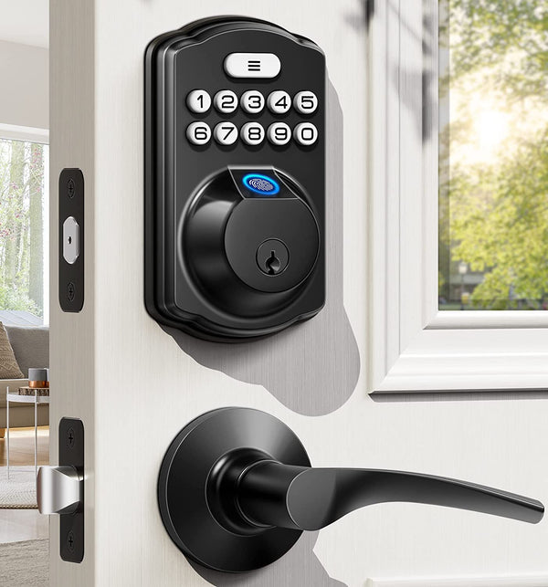 Veise Fingerprint Door Lock with 2 Lever Handles - Keyless Entry Door Lock with Handle, Electronic Keypad Deadbolt Front Door Lock Set