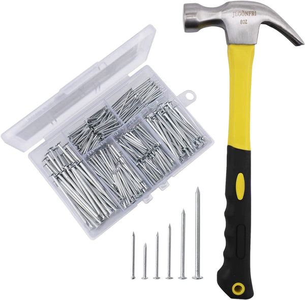 376pcs Hardware Nails Assortment kit with 2" Nails & 8oz Claw Hammer, Nails for Hanging Pictures, Picture Hanging Nails, Finishing nails, Wall nails, Small nails, Wood nails and Hammer