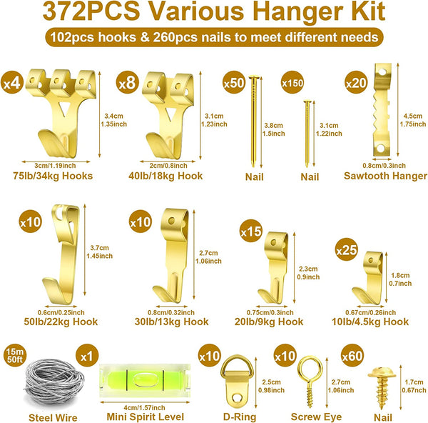 MAPVOLUT 372 PCS Picture Hanging Assortment Kit, Brass, Including Sawtooth Picture Hangers, Heavy Duty Frame Mirror Hanging Hardware, Picture Hanging Hooks Wire Nails, Screw Eyes, D Ring, Mini Level