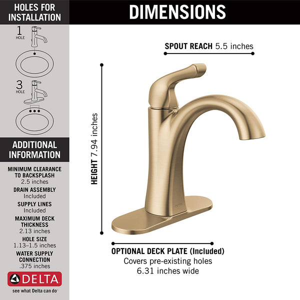 Delta Faucet Arvo Single Hole Bathroom Faucet, Gold Bathroom Faucet, Single Handle Bathroom Faucet, Bathroom Sink Faucet, Drain Assembly Included, Champagne Bronze