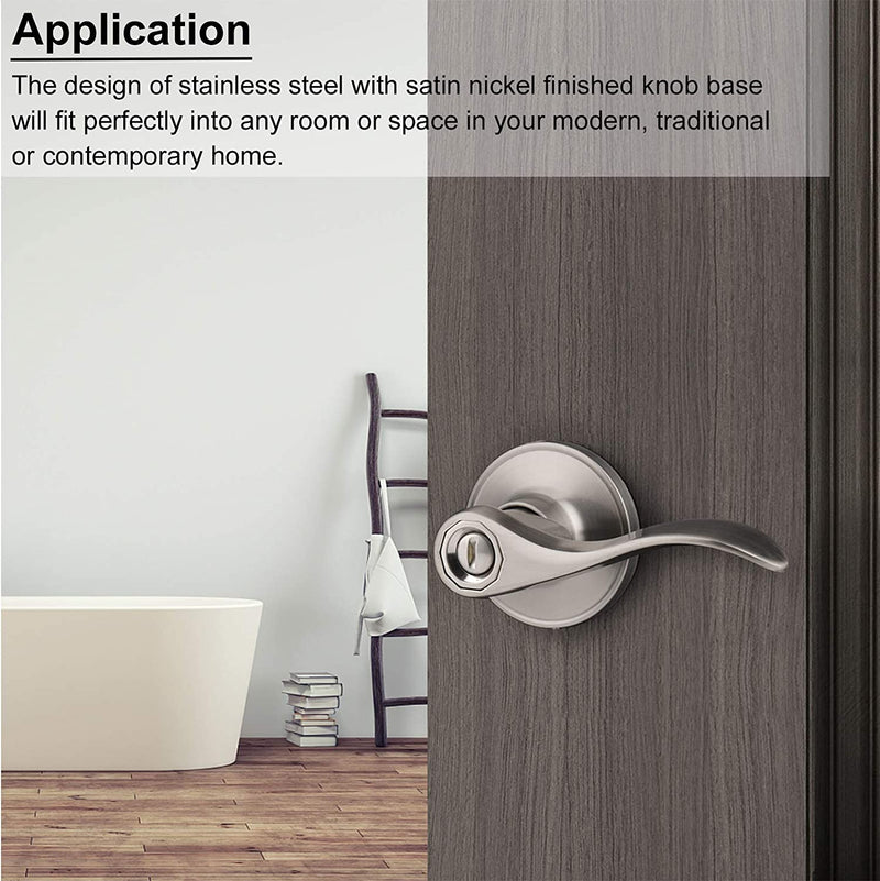 Knobonly Contemporary Satin Nickel Privacy Modern Door Lever Hardware (Bed and Bath), Keyless Turn-Button Wave Style Drop Door Handleset