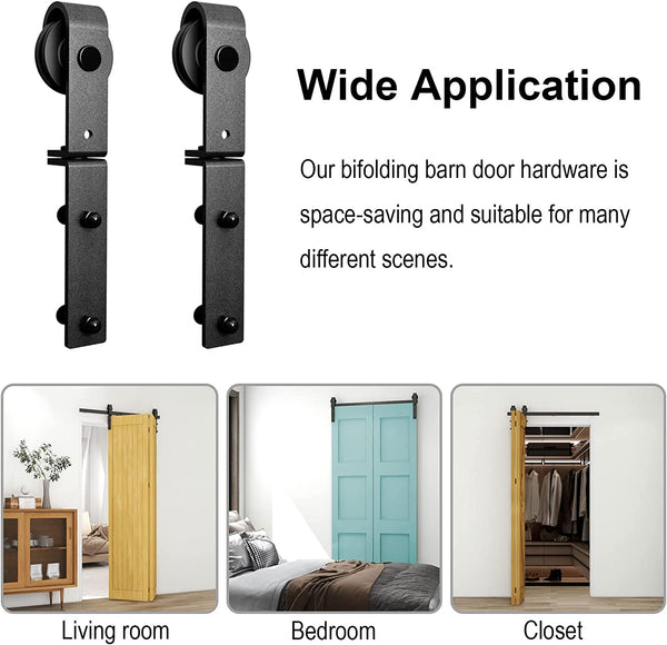 CCJH 36" Bi-Folding Sliding Barn Door Hardware Kit for 2 Doors,Slide Smoothly Quietly,Black Track J Shape Roller,No Door