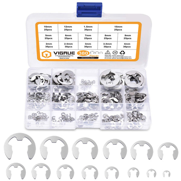 VIGRUE 380Pcs 304 Stainless Steel E-Clip Circlip External Retaining Ring Assortment Set, Includes Sizes of 1.5/2/2.5/3/3.5/4/5/6/7/8/9/10/12/15 mm