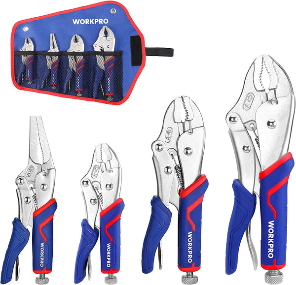 WORKPRO 4-Piece Locking Pliers Set with Comfortable Grip, 5-1/2", 7" and 9" Curved Jaw Locking Pliers, 6-1/2" Long Nose Locking with Storage Bag