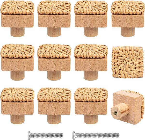 ANPHSIN 12 Pack Boho Rattan Dresser Knobs- Durable Beech Wood Drawer Knobs Handmade Wicker Woven Pulls with 24 Screws for Cabinets