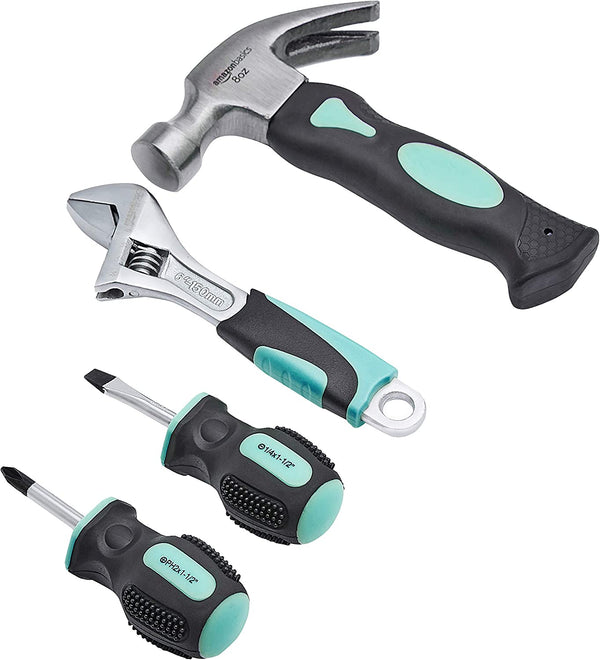 Amazon Basics 4-Piece Stubby Tool Set with Hammer, Screwdrivers and Adjustable Wrench - Turquoise