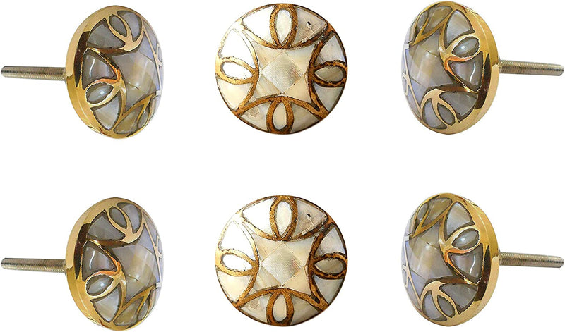 Perilla Home Set of 6 Knobs for Cabinet & Drawers Mother of Pearl Brass Knobs Decorative Vintage Knobs