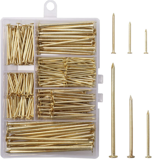 6 Sizes Gold Hardware Nails Assortment Kit, 358pcs, Brass Plated, Nails for Hanging Pictures, Finishing Nails, Wood Nails, Wall Nails for Hanging (3”, 2”, 1-1/2”, 1-1/4", 1”, 3/4")