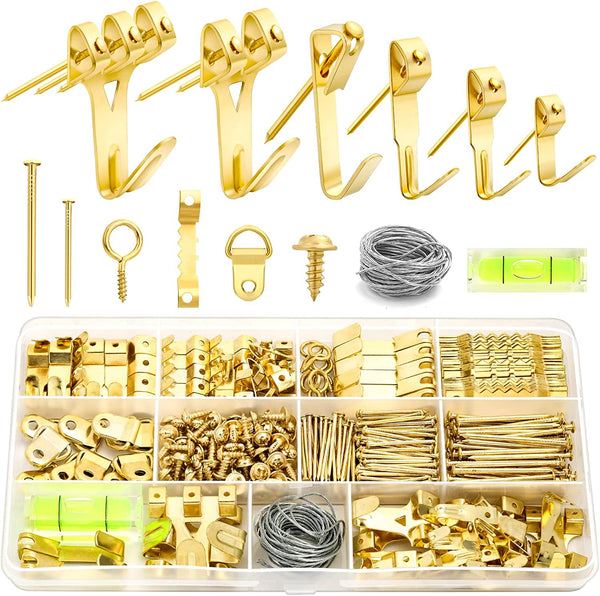 MAPVOLUT 372 PCS Picture Hanging Assortment Kit, Brass, Including Sawtooth Picture Hangers, Heavy Duty Frame Mirror Hanging Hardware, Picture Hanging Hooks Wire Nails, Screw Eyes, D Ring, Mini Level