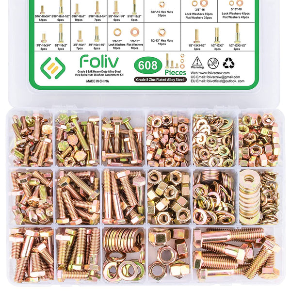 FOLIV 608pcs Grade 8 Bolts and Nuts Assortment Kit, 1/4-20, 5/16-18, 3/8-16, 1/2-13 Heavy Duty Hex SAE Bolts Nuts Washers Assortment Kit