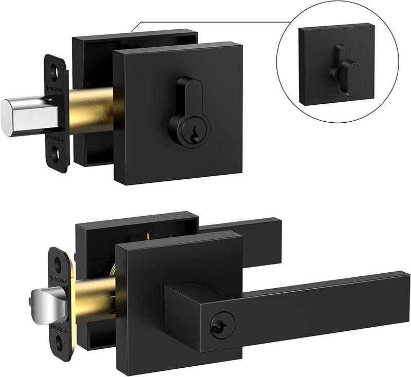 TICONN Black Door Handle Heavy Duty, Matte Black Door Knob Reversible Square Door Lever for Bedroom, Bathroom and Rooms